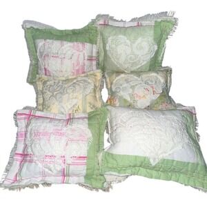Set of 6 Shabby Chic Heart Patchwork Accent Pillows, Cottagecore Farmhouse Decor